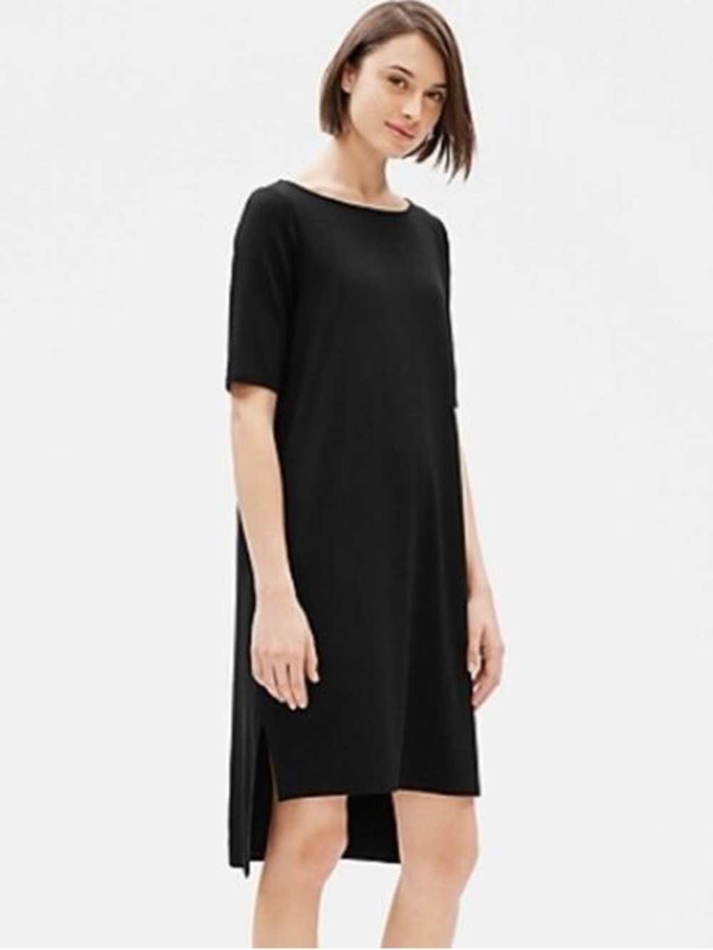 Eileen Fisher Short Sleeve Jersey Shift Dress High Low Hem Size M